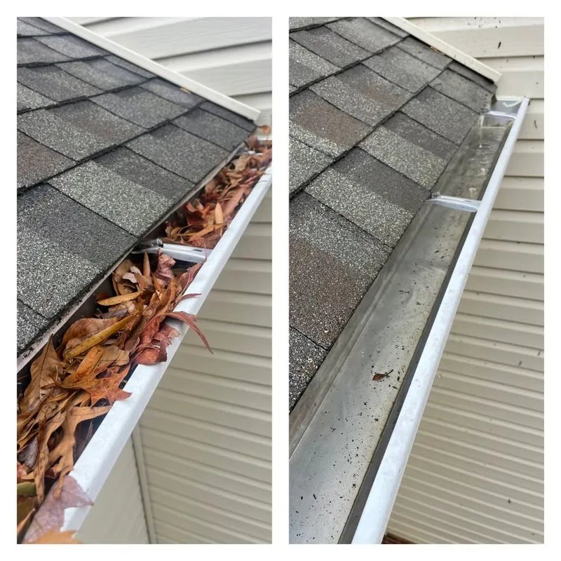 Before and after leaf and debris removal from gutters in Guilford, Connecticut