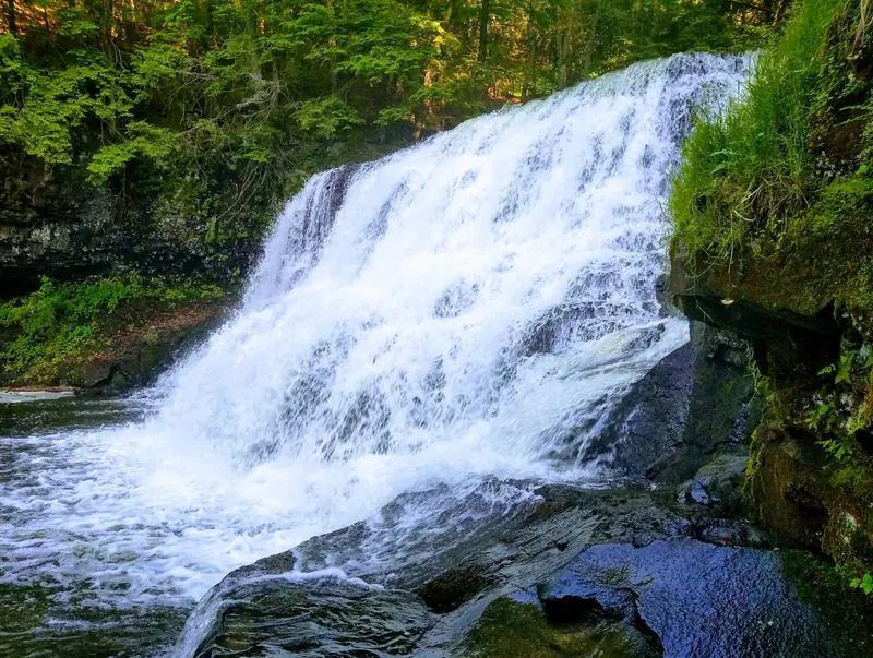 Wadsworth Falls cascading over a rocky ledge surrounded by trees