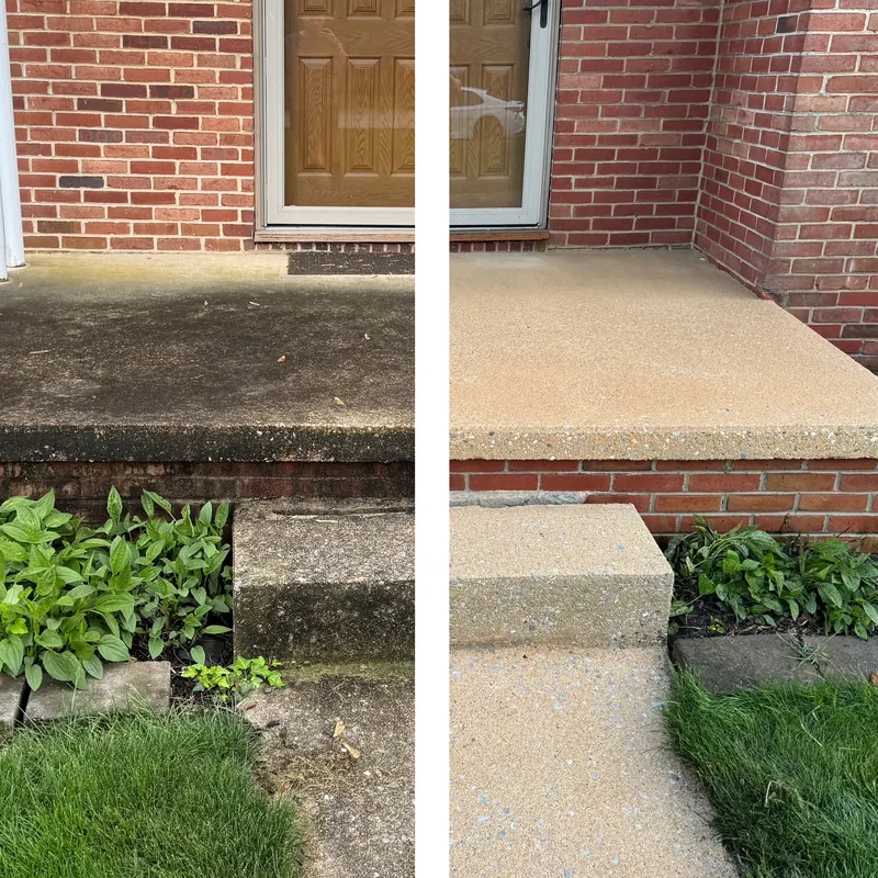 Before and after cleaning concrete entry steps and a walkway in Guilford, Connecticut