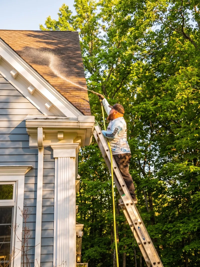 HomePal applying a low-pressure roof treatment from a ladder in Guilford, Connecticut